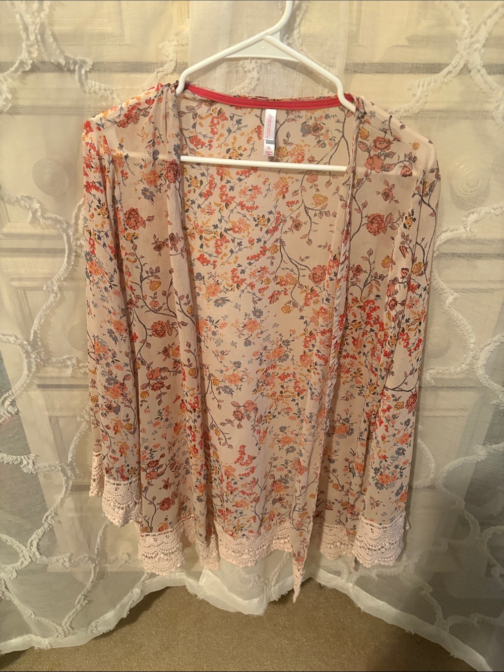 Xhilaration Beige Floral Lace-Trim Open Cardigan